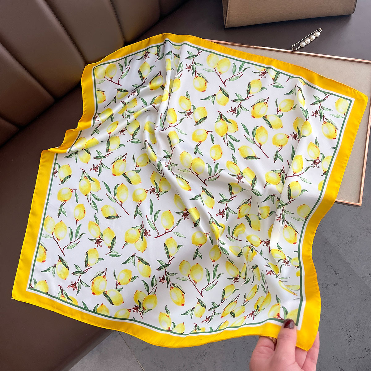 2025 New Yellow Lemon Print Sq - Silk Scarf Square review and price