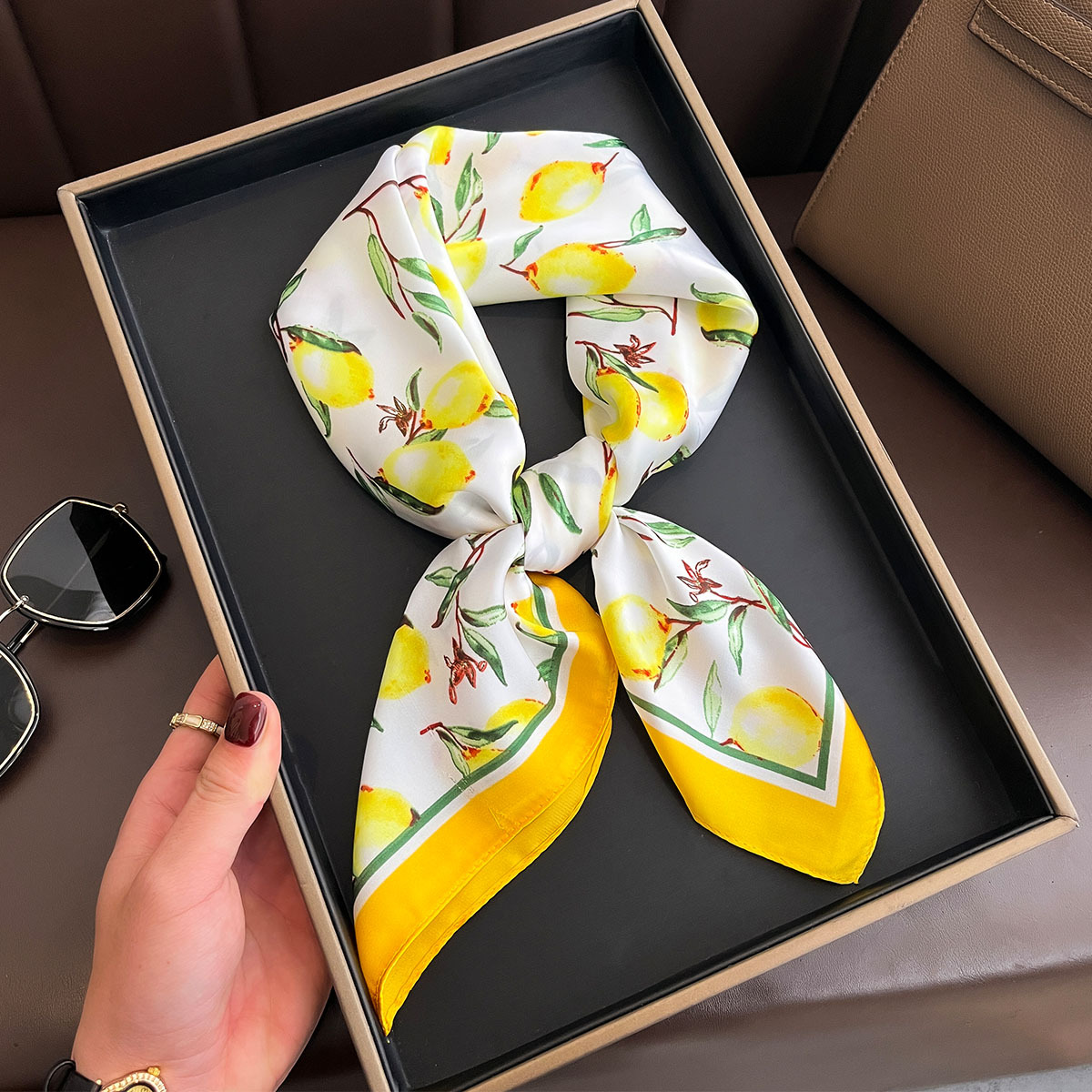 2025 New Yellow Lemon Print Sq - Silk Scarf Square review and price
